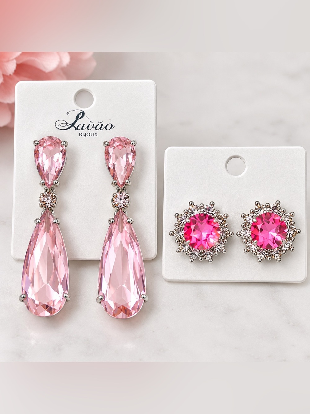 NWT 2 Pair Pink Crystal Earrings Drop Dangle Rhinestone Stud Set